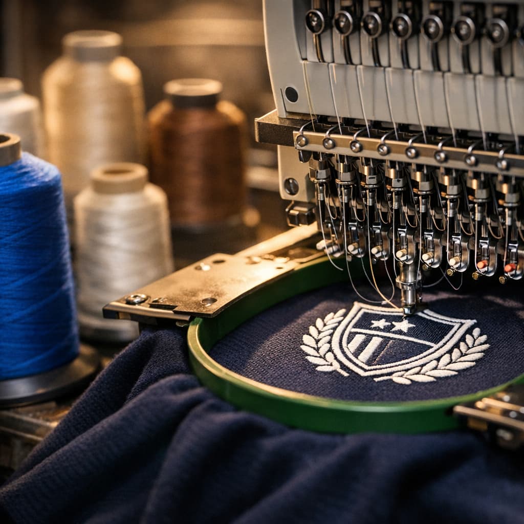 Stickerei-Detailaufnahme: präzise Stiche auf hochwertigem Textil